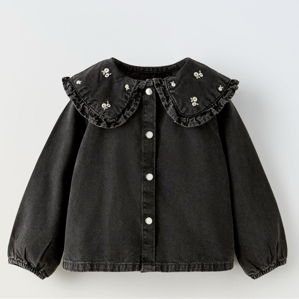 Zara  2-3 Girls Black Denim l/sl embroidered floral bib collar button shirt